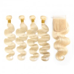 Blonde Human Hair 4 Bundles With Lace Closure 4*4 9A 613 Color Body Wave Hair Weave with Closure