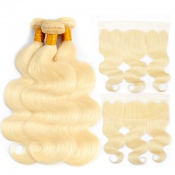 613 Blonde Color Body Wave Hair Bundle with Lace Frontal Closure 13*4  3 Bundle with Frontal Deals 9A