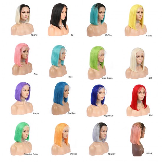 Pre Plucked Pink Green Blonde Blue Red Short Bob Lace Wig