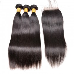 2 or 3Pcs/Lot Natural Color Human Hair Brazilian Straight Hair Weft with 4X4 Lace Closure natural color Hair Bundles Deal